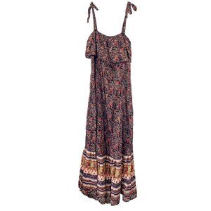 Free People Tangier Boho Printed Tiered Maxi Dress Tie Shoulder Cotton Size XS